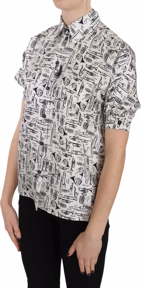 Trumpet Print Button Front Silk Top Blouse