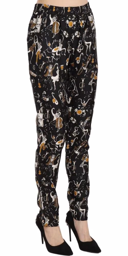 Black Jazz Club Print High Waist Tapered Pants