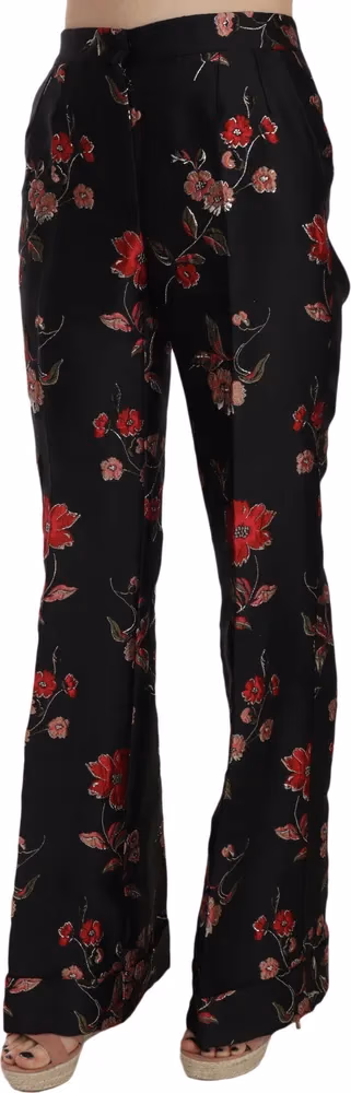 Floral Print Black Boot Cut Trouser Pants