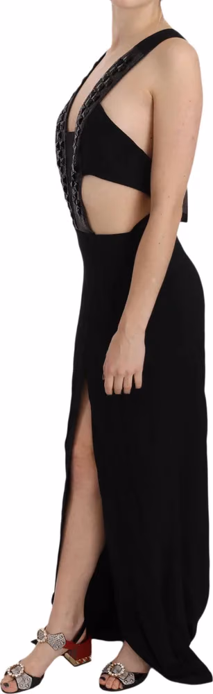 Black Crystal Leather Gown Flare Dress
