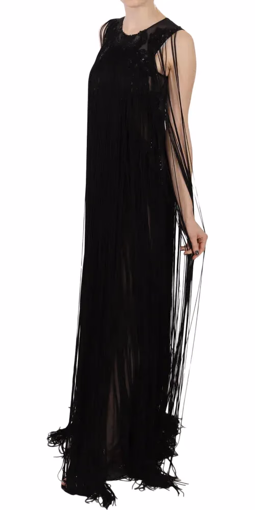 Black Silk Beaded Sequined Sheer Dress