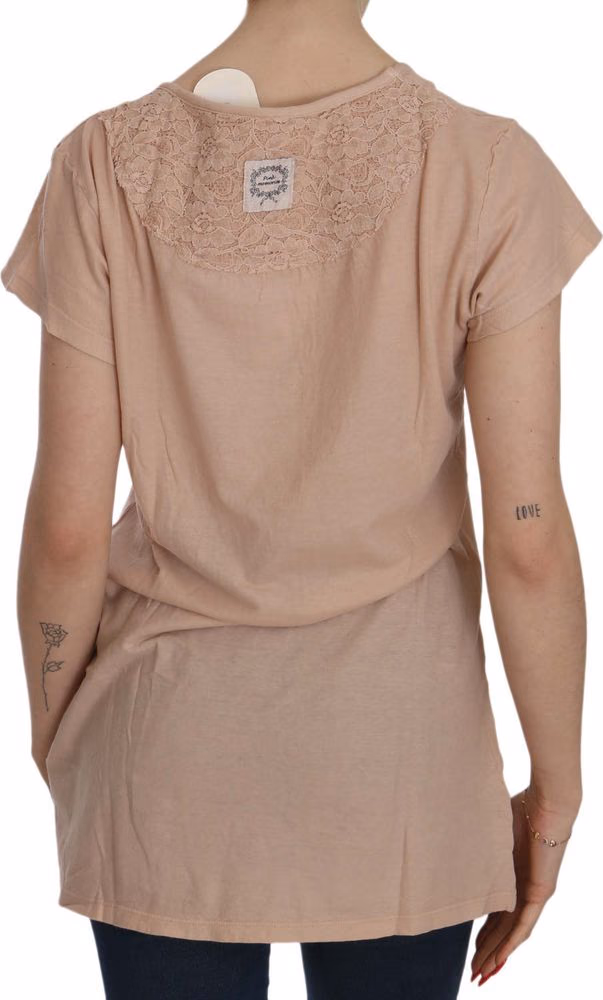 Pink Cream Lace Short Sleeve Shirt Top Cotton Blouse