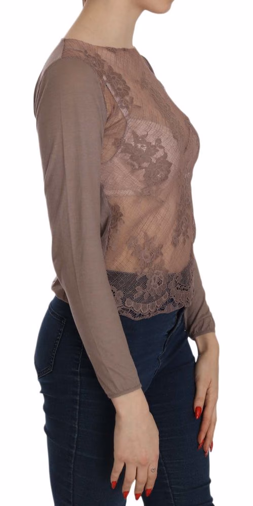 Brown Lace See Through Long Sleeve Top