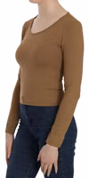 Brown Long Round Neck Sleeve Fitted Shirt Tops Blouse 1