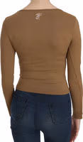 Brown Long Round Neck Sleeve Fitted Shirt Tops Blouse 2