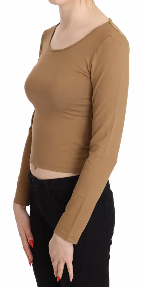 Brown Round Neck Long Sleeve Slim Crop Top Blouse