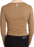 Brown Round Neck Long Sleeve Slim Crop Top Blouse 2