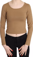 Brown Round Neck Long Sleeve Slim Crop Top Blouse 3