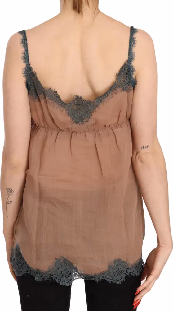 Brown Lace Spaghetti Strap Tank Top Blouse