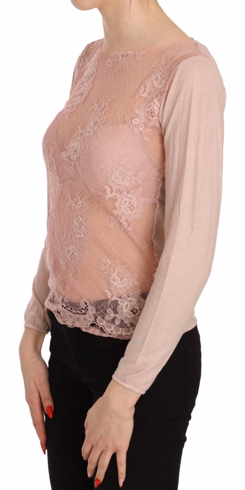 Pink Lace See Through Long Sleeve Top Blouse