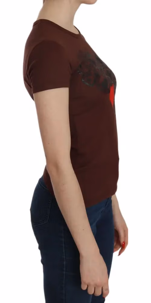Brown Heart Print Crew Neck T-shirt Short Sleeve Blouse