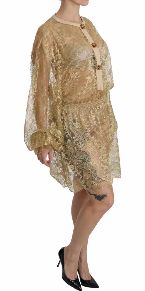 Gold Lace See Through A-Line Knee Length Dress