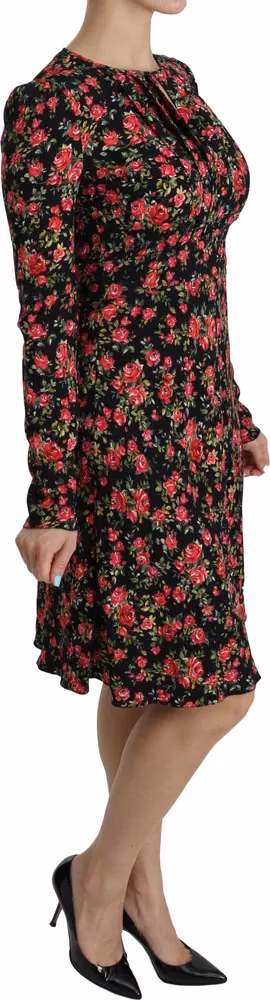 Black Floral Longsleeve Knee Length Dress