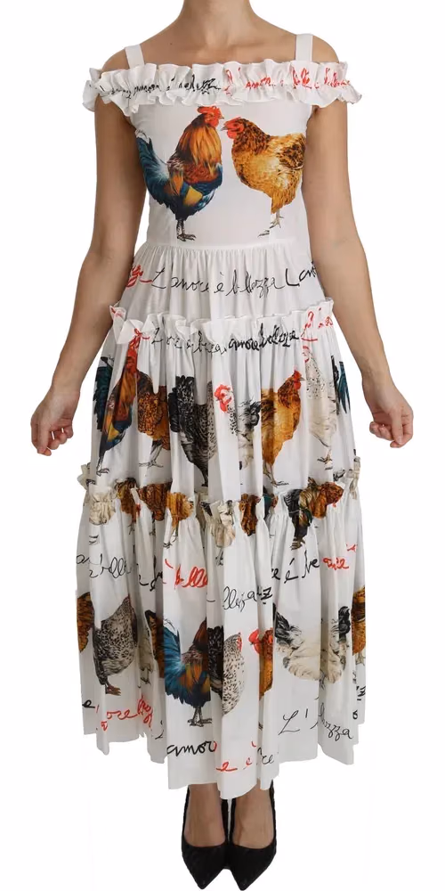 White Rooster Sheath Midi Cotton Dress