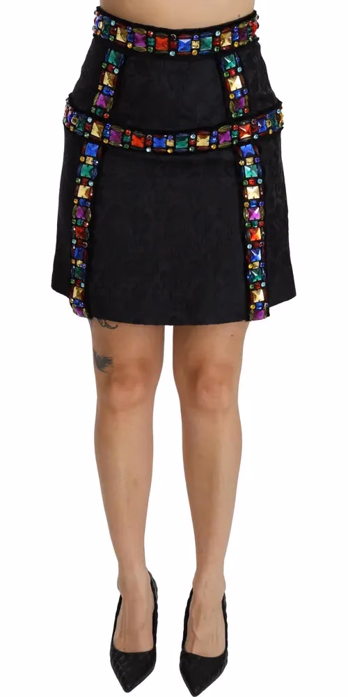 Black Crystal Embellished High Waist Skirt