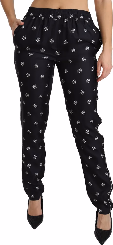 Black Printed Mid Waist Skinny Silk Pants