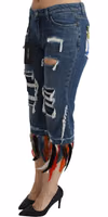 Blue Feathers Low Waist Cropped Cotton Jeans 3