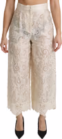 Cream Lace High Waist Palazzo Cropped Pants 1