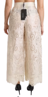 Cream Lace High Waist Palazzo Cropped Pants 4