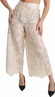 Cream Lace High Waist Palazzo Cropped Pants 5