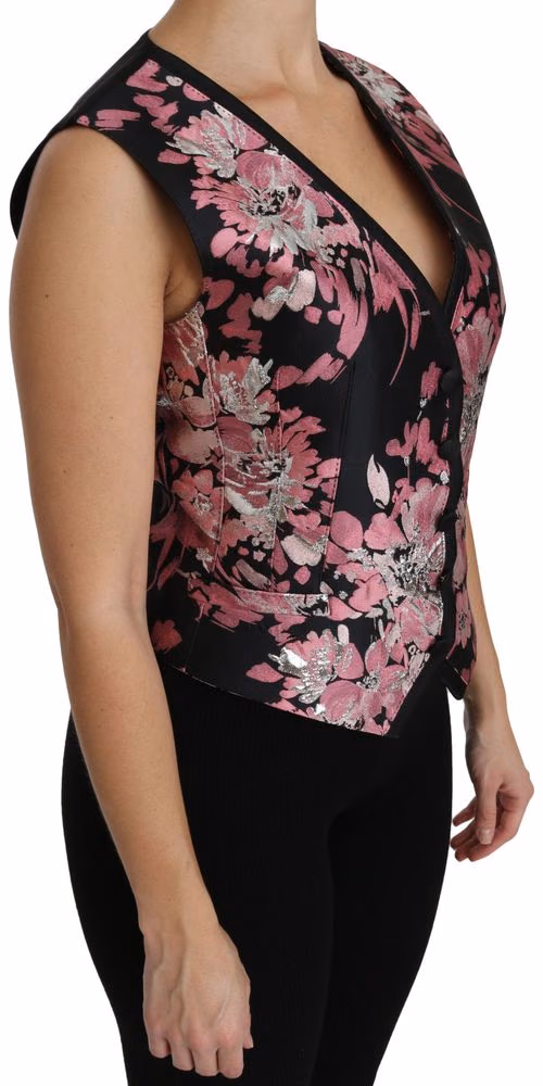 Black Pink Floral Waistcoat Vest Blouse Top