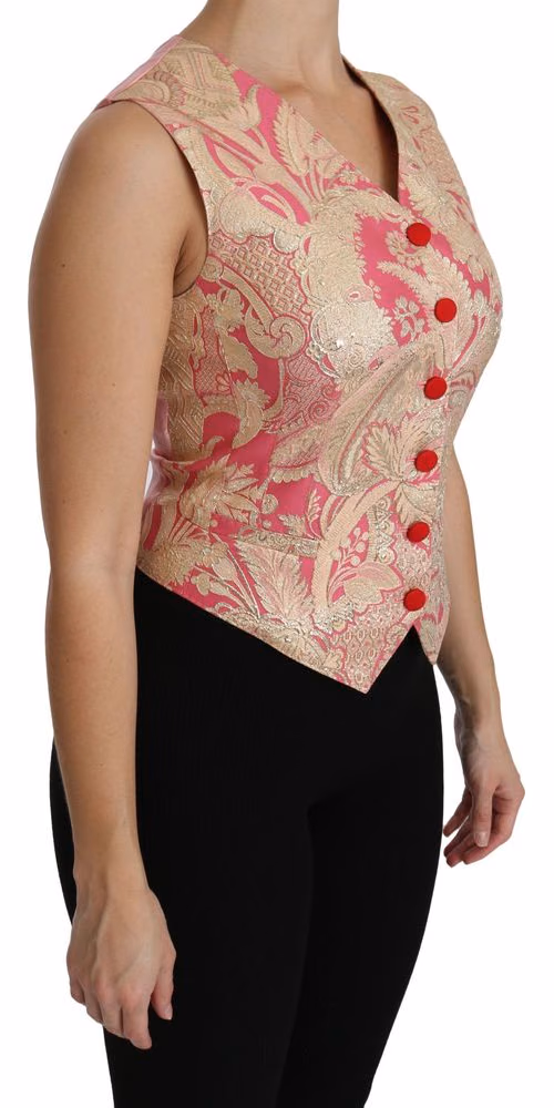 Pink Gold Brocade Waistcoat Vest Blouse Top