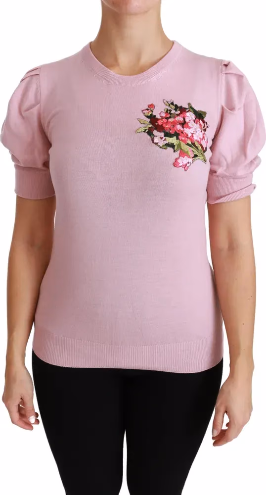 Pink Floral Embroidered Blouse Wool Top