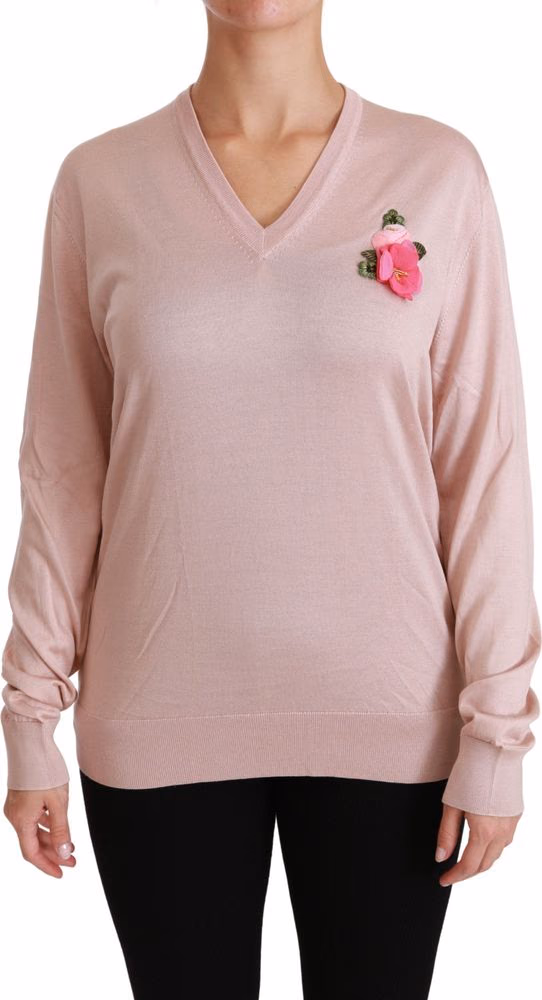 Pink Floral Embellished Pullover Silk Sweater