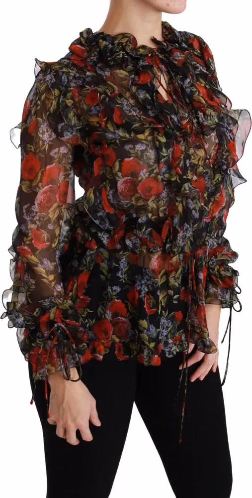 Black Floral Roses Blouse Silk Top