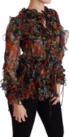 Black Floral Roses Blouse Silk Top 1