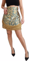 Blue High Waist Jacquard Tassel Gold Skirt 1
