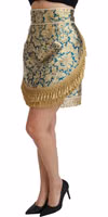 Blue High Waist Jacquard Tassel Gold Skirt 4