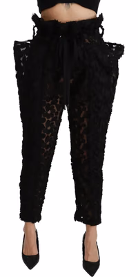 Black Floral Lace Tapered High Waist Pants