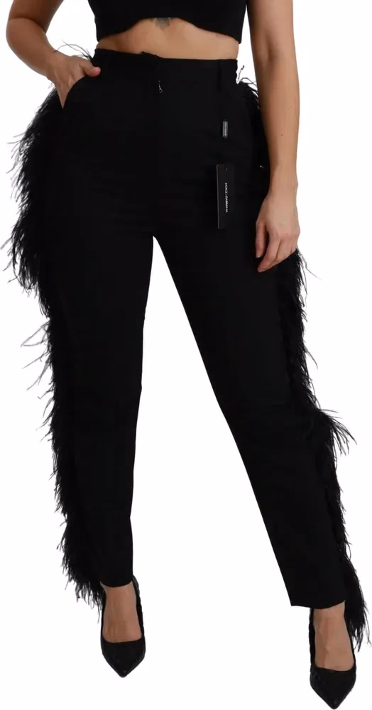 Black Feather Straight High Waist Wool Pants