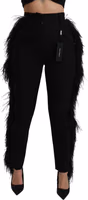 Black Feather Straight High Waist Wool Pants 2