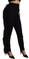 Black Feather Straight High Waist Wool Pants 3