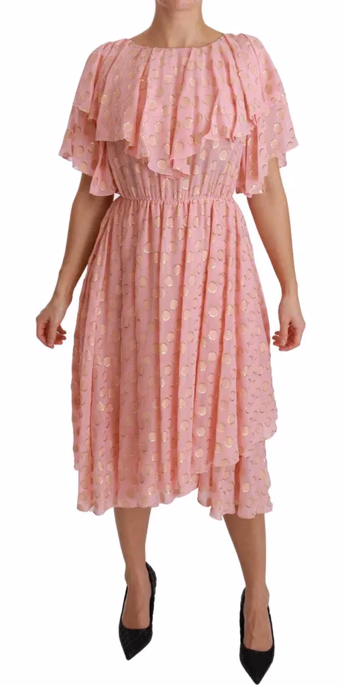 Silk Pink Polka Dots Pleated A-line Midi Dress