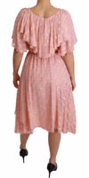 Silk Pink Polka Dots Pleated A-line Midi Dress 4