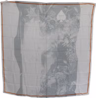 Gray Orange Silk Floral Foulard Wrap Scarf 3