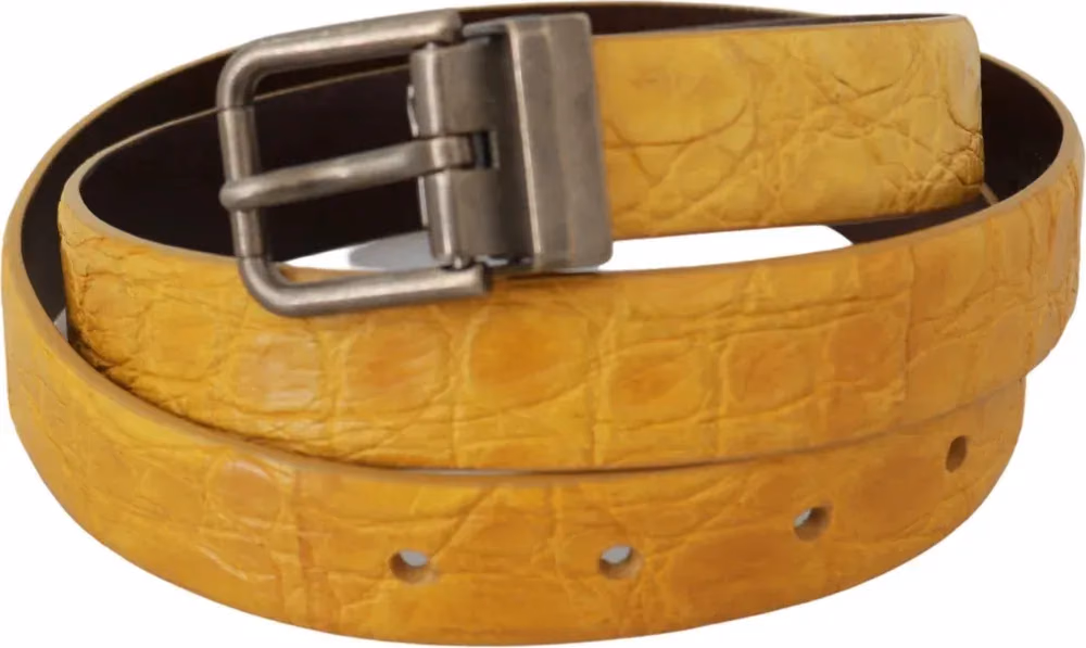 Yellow Exotic Skin Leather Grey Buckle Belt