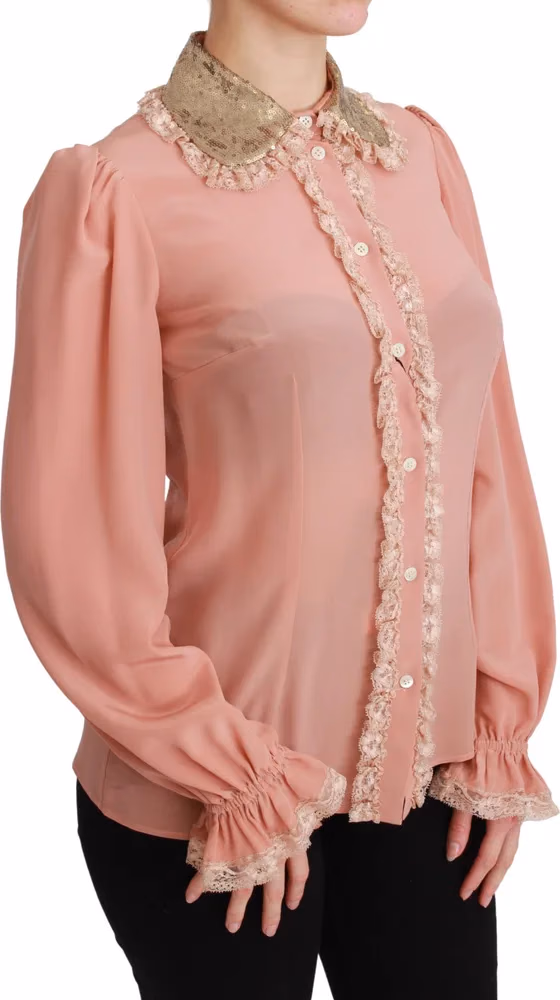 Pink Silk Gold Sequin Lace Blouse Shirt