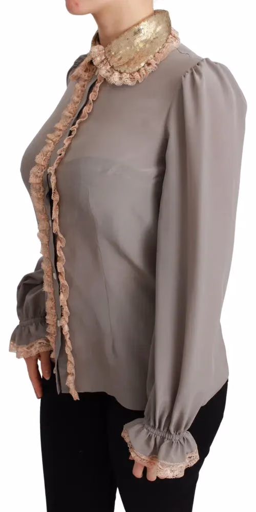 Gray Silk Gold Sequin Lace Blouse Shirt