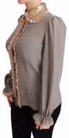 Gray Silk Gold Sequin Lace Blouse Shirt 1
