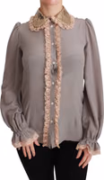 Gray Silk Gold Sequin Lace Blouse Shirt 4