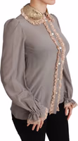 Gray Silk Gold Sequin Lace Blouse Shirt 5