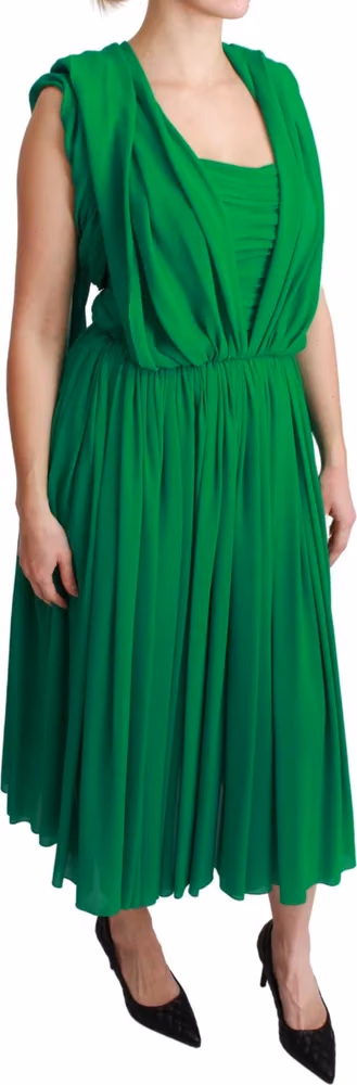 100% Silk Green Sleeveless Pleated Maxi Dress
