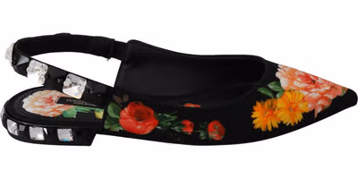 Black Floral Crystal Slingbacks Flats Shoes