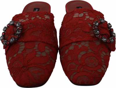Red Lace Crystal Slide On Flats Shoes