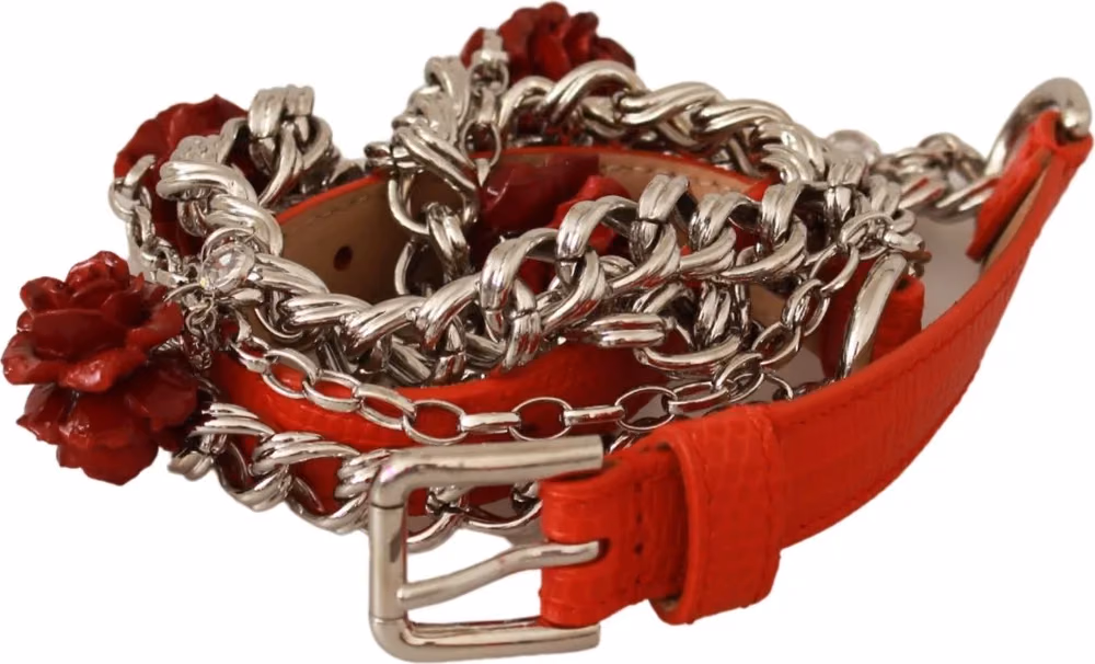 Red Leather Roses Floral Silver Waist Belt