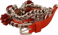 Red Leather Roses Floral Silver Waist Belt 1